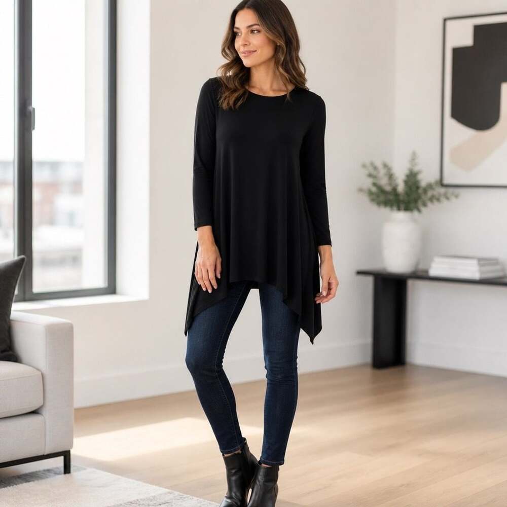 LBisse Black Long Sleeve Asymmetrical Handkerchief Hem Tunic Top